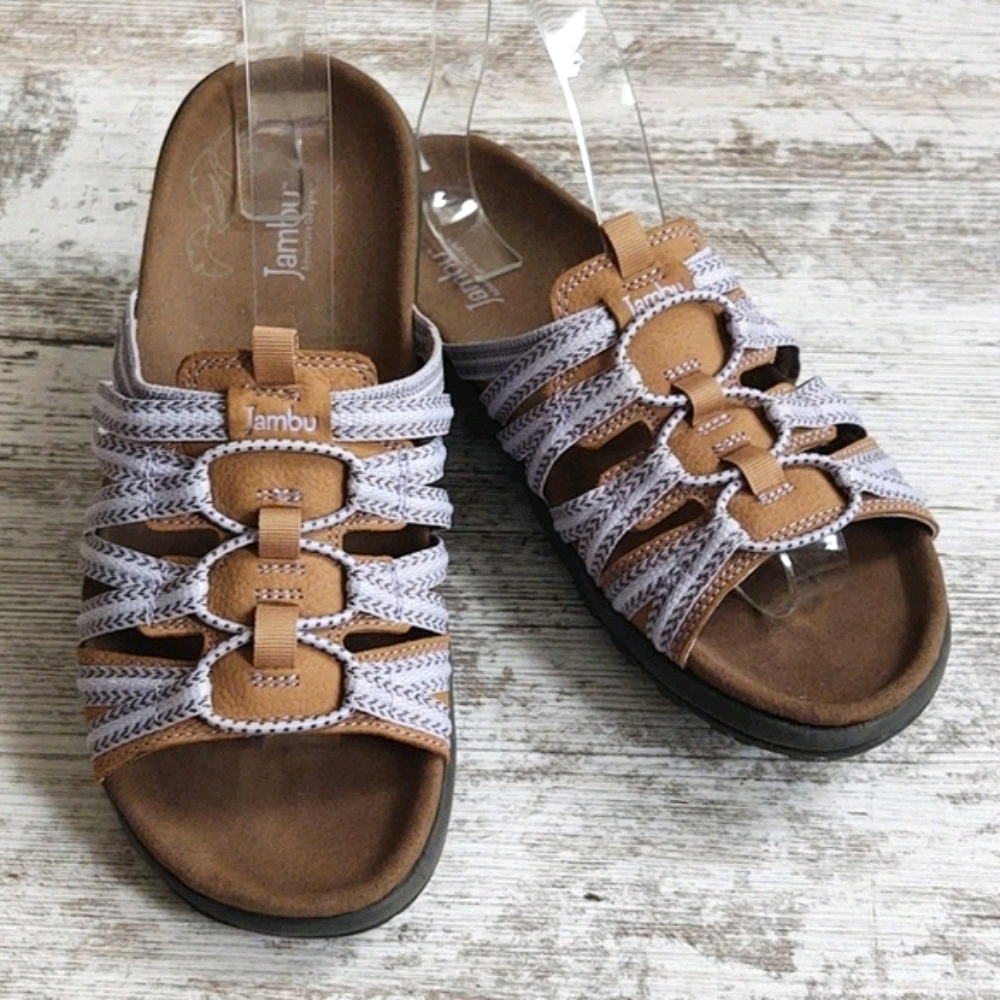 Like New Jambu Lilac & Tan Leather Slide Sandal